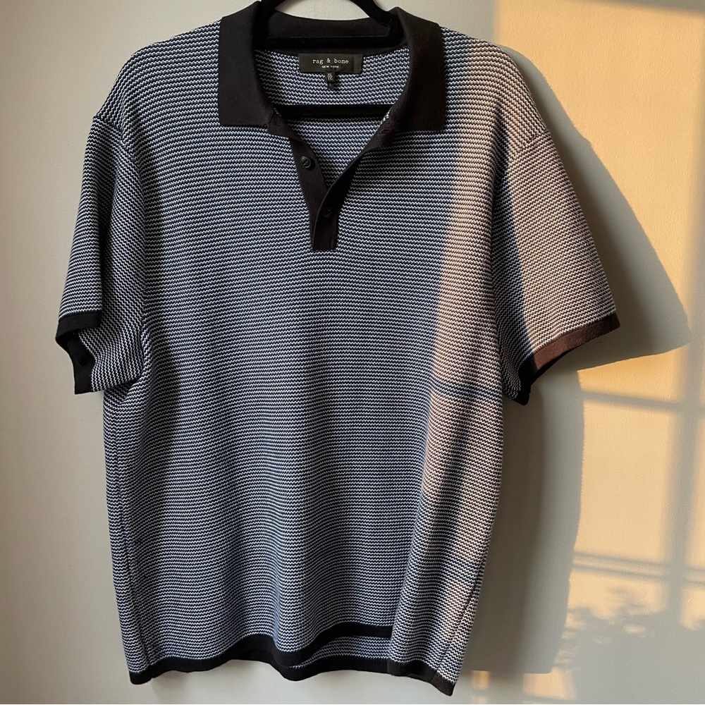 Men’s Rag & Bone Blue and Black Knit Short Sleeve Polo Shirt
